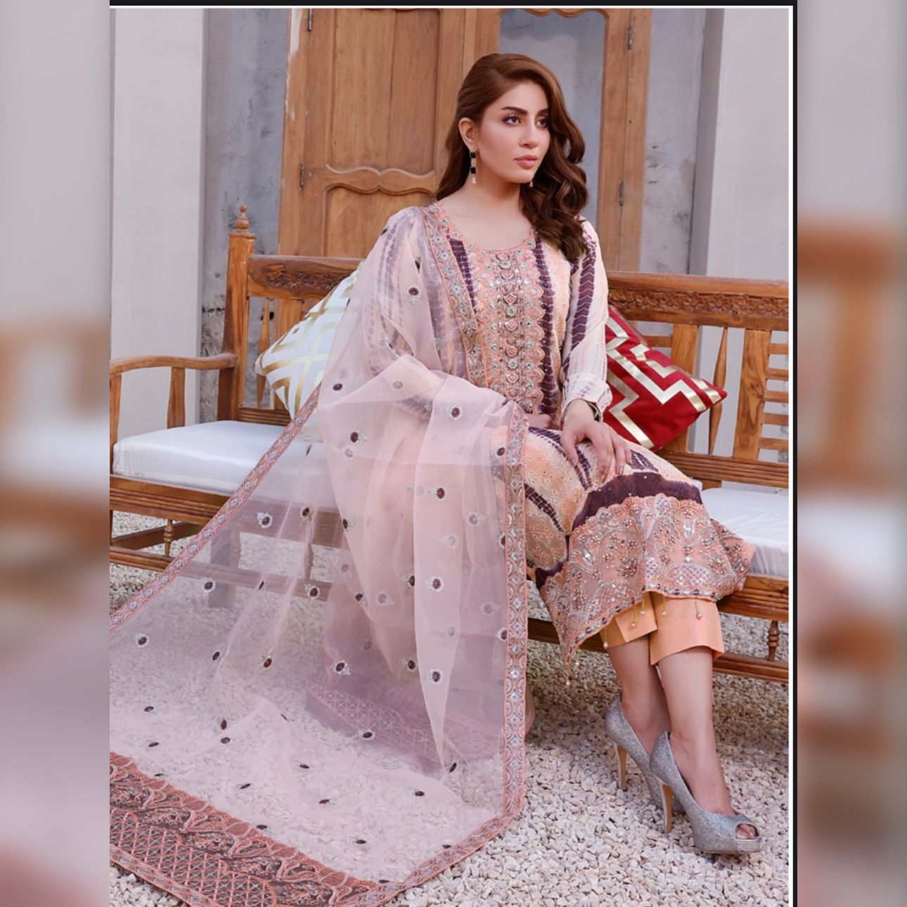 Chikankar- fancy Dupatta Luxury Decent hand work 3pc - Image 3