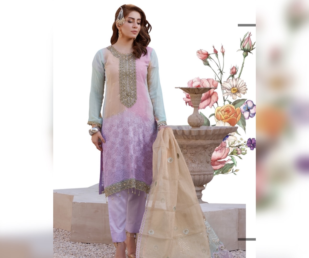 Chikankar- fancy Dupatta Luxury Decent hand work 3pc