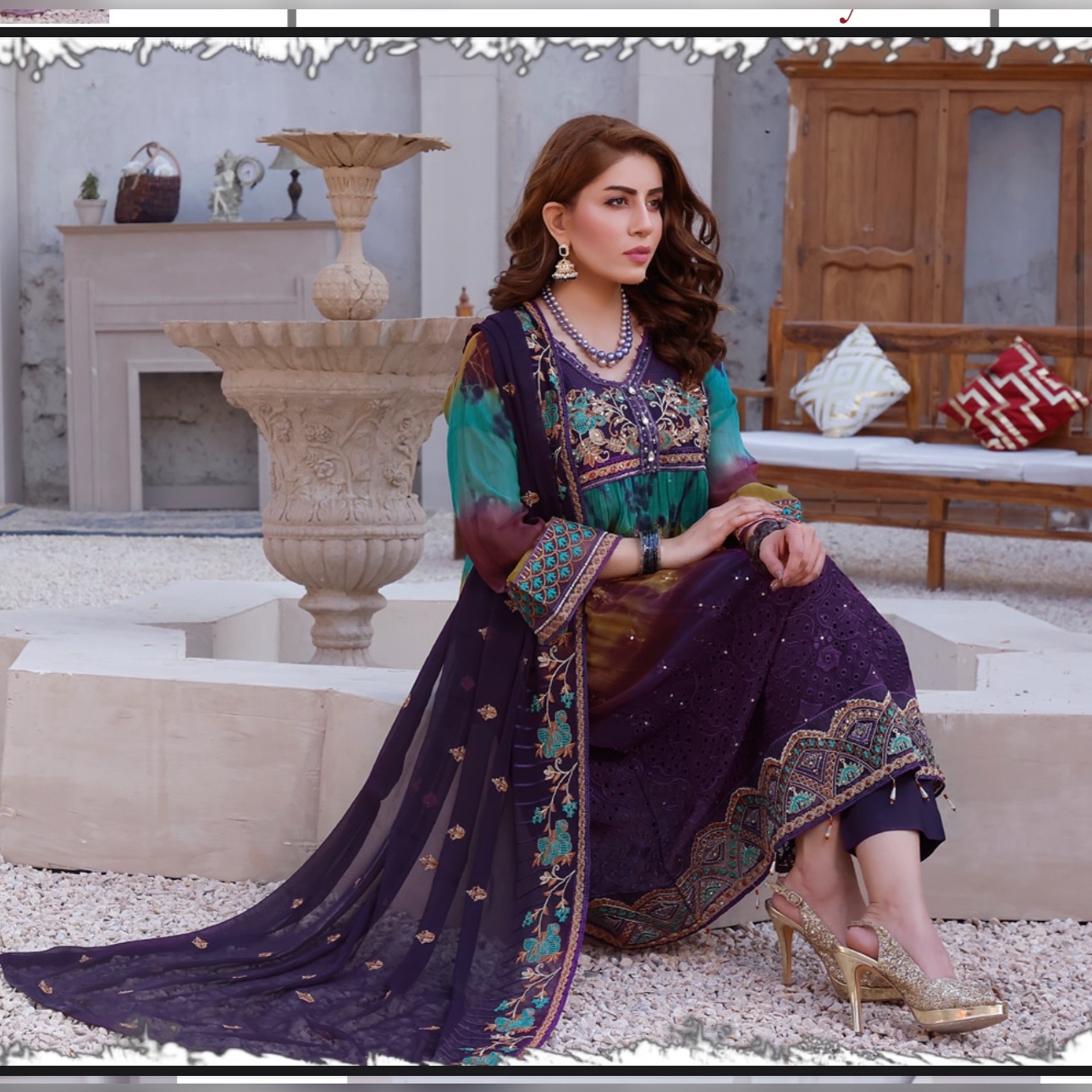 Chikankar- fancy Dupatta Luxury Decent hand work 3pc - Image 3